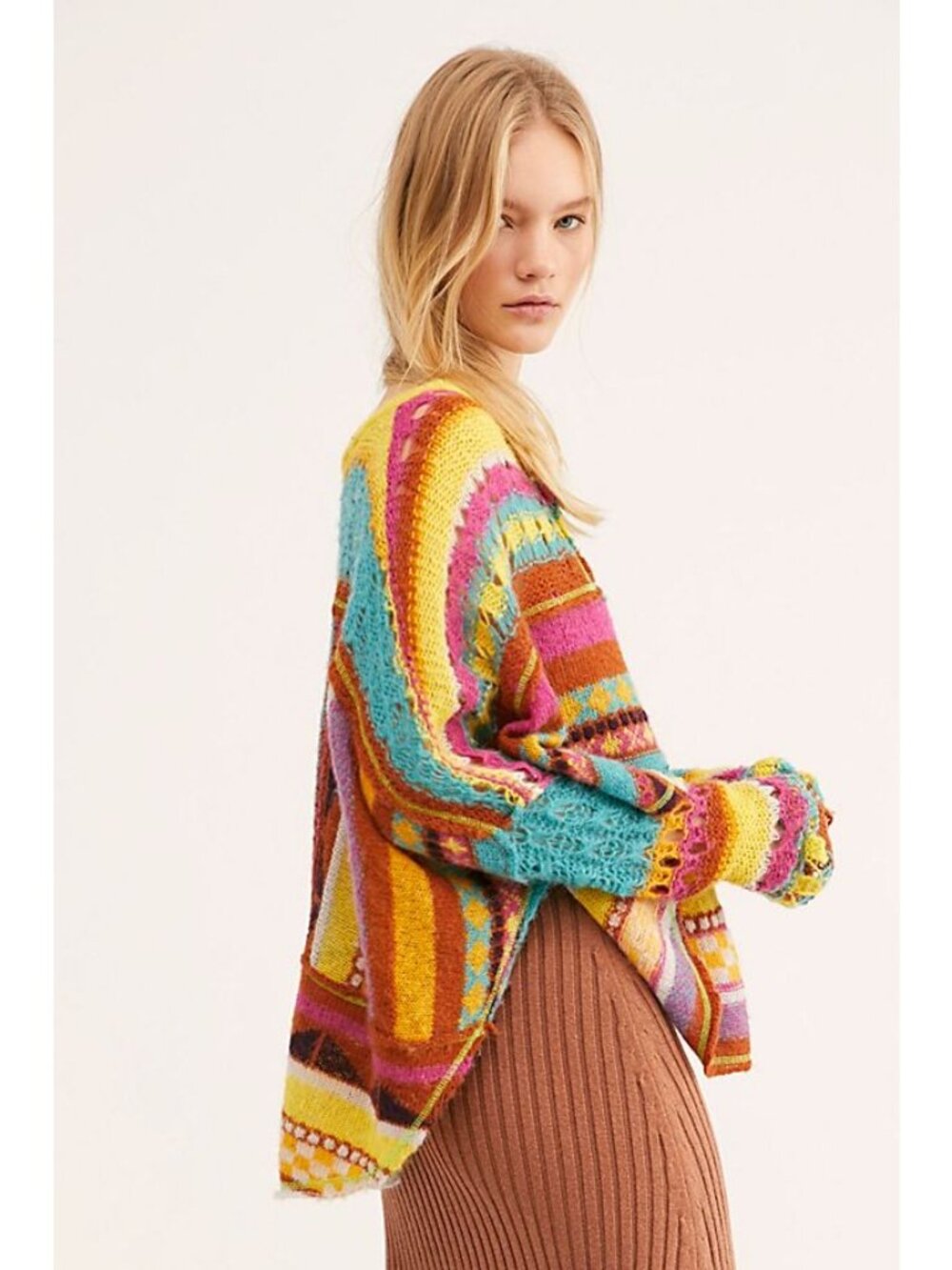 NWT Free People Bright Multicolored Knit Poncho Sweater M| Boho Whimsigoth Indie - Picture 11 of 16